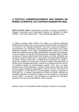 A Política Conservacionista Nas Serras Da Borda Ocidental Da Chapada Diamantina (Ba)