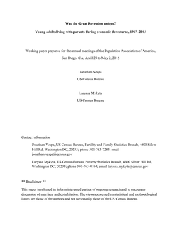 Young Adults Living with Parents During Economic Downturns, 1967–2013