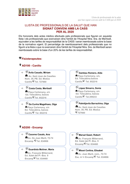 Llista De Professionals De La Salut Que Han Signat Conveni Amb La CASS Per Al 2020