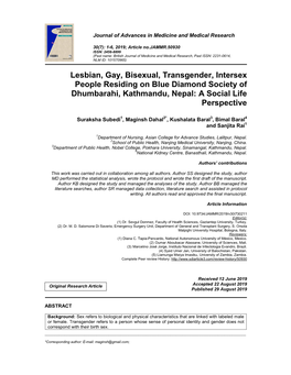 Lesbian, Gay, Bisexual, Transgender, Intersex People Residing on Blue Diamond Society of Dhumbarahi, Kathmandu, Nepal: a Social Life Perspective