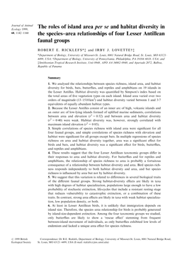 The Roles of Island Area Per Se and Habitat Diversity in the Species±Area