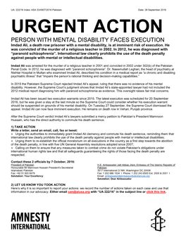 URGENT ACTION PERSON with MENTAL DISABILITY FACES EXECUTION Imdad Ali, a Death Row Prisoner with a Mental Disability, Is at Imminent Risk of Execution