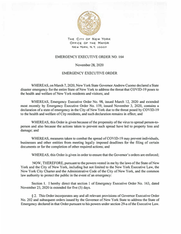 EMERGENCY EXECUTIVE ORDER NO. 164 November 28, 2020 EMERGENCY EXECUTIVE ORDER WHEREAS, on March 7, 2020, New York State Governor