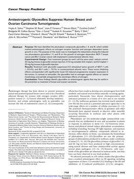 Antiestrogenic Glyceollins Suppress Human Breast and Ovarian Carcinoma Tumorigenesis Virgilo A