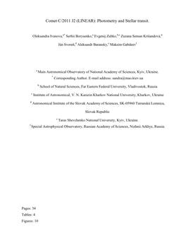 Comet C/2011 J2 (LINEAR) Photometry and Stellar Transit