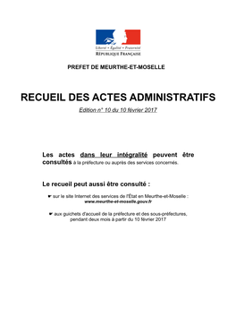 RECUEIL DES ACTES ADMINISTRATIFS Edition N° 10 Du 10 Février 2017