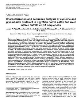 Characterization and Sequence Analysis of Cysteine and Glycine-Rich Protein 3 in Egyptian Native Cattle and River Native Buffalo Cdna Sequences