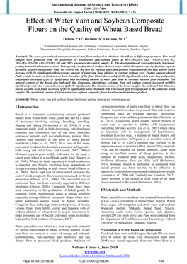 Effect of Water Yam and Soybean Composite Flours on the Quality of Wheat Based Bread