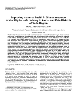 Improving Maternal Health in Ghana: Resource Availability for Safe Delivery in Akatsi and Keta Districts of Volta Region