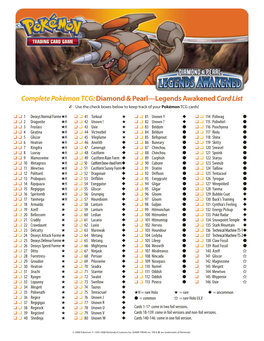 Complete Pokémon TCG:Diamond & Pearl—Legends Awakenedcard List