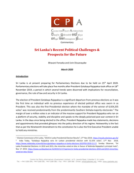 Sri Lanka's Recent Political Challenges & Prospects for the Future