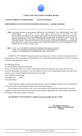 Tamil Nadu Pollution Control Board Consent Order No