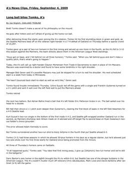 A's News Clips, Friday, September 4, 2009 Long Ball Bites Tomko
