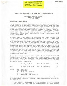 1-11 Um/Aul|L11%Dvt:SUG4TONS and LABORATORY SERVICES OFFICIAL FILE COPY ~W~~~-~1:~~~ N X~X ~~~~~~^ FRICTION RESISTANCE in OPEN A