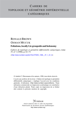 Foliations, Locally Lie Groupoids and Holonomy Cahiers De Topologie Et Géométrie Différentielle Catégoriques, Tome 37, No 1 (1996), P