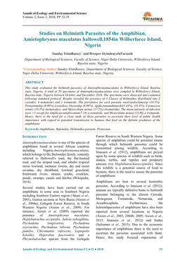 Studies on Helminth Parasites of the Amphibian, Amietophrynus Maculatus Hallowell,1854In Wilberforce Island, Nigeria