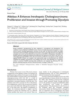 Aldolase a Enhances Intrahepatic Cholangiocarcinoma Proliferation and Invasion Through Promoting Glycolysis