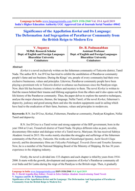 Significance of the Appellation Korkai and Its Language: the Deformation and Segregation of Parathavar Community from the British Reign to Modern Era