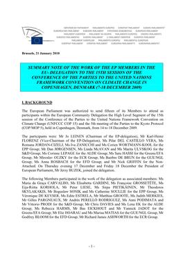 Summary Note of the Work of the Ep Members in the Eu- Delegation to the 15Th Session of the Conference of the Parties To