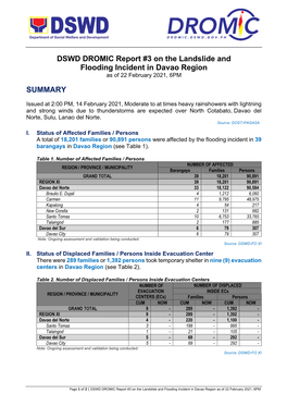 DSWD DROMIC Report #3 on the Landslide and Flooding Incident in Davao Region As of 22 February 2021, 6PM