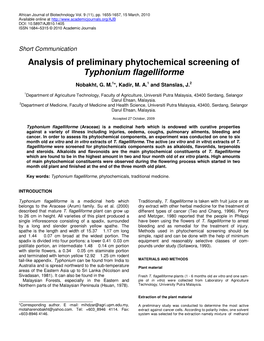 Analysis of Preliminary Phytochemical Screening of Typhonium Flagelliforme