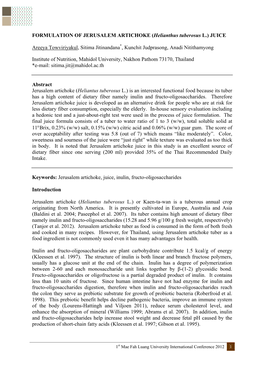 FORMULATION of JERUSALEM ARTICHOKE (Helianthus Tuberosus L.) JUICE