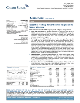 Aisin Seiki (7259 / 7259 JP) Rating OUTPERFORM* Price (01 Oct 15, ¥) 4,155 THEME