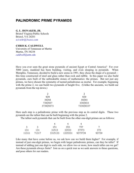 Palindromic Prime Pyramids