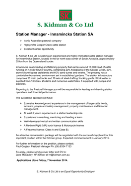 Station Manager - Innamincka Station SA