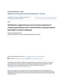 <I>Fusarium Graminearum</I> and <I>F. Boothii</I