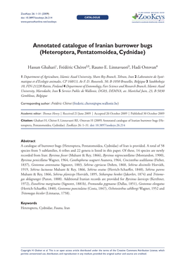 Annotated Catalogue of Iranian Burrower Bugs (Heteroptera, Pentatomoidea, Cydnidae)