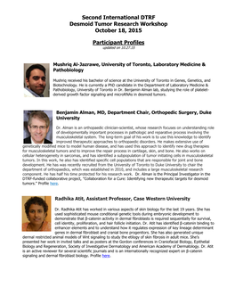 Second International DTRF Desmoid Tumor Research Workshop October 18, 2015 Participant Profiles