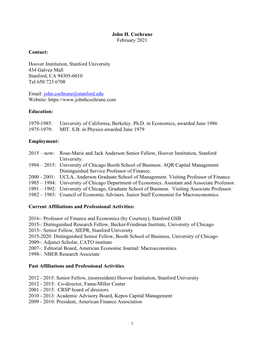 John H. Cochrane February 2021 Contact: Hoover Institution, Stanford