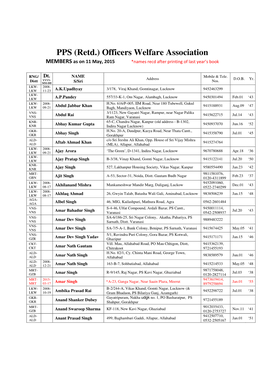 PPS (Retd.) Officers Welfare Association MEMBERS As on 11 May, 2015 *Names Recd After Printing of Last Year’S Book