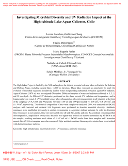 Investigating Microbial Diversity and UV Radiation Impact at the High-Altitude Lake Aguas Calientes, Chile