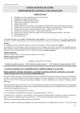 1/7 Conseil Municipal De Lunery Compte-Rendu De La Séance N° 3 Du 6 Juillet 2020