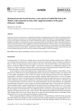 Hemitaeniochromis Brachyrhynchus, a New Species of Cichlid Fish from Lake Malaŵi, with Comments on Some Other Supposed Members of the Genus (Teleostei: Cichlidae)