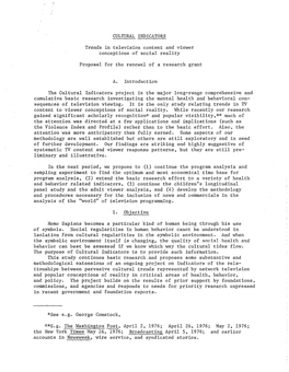 CULTURAL INDICATORS Conceptions of Social Reality Proposal for the Renewal of a Research Grant A. Introduction the Cultural Indi