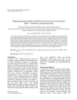 Pharmacognostical Studies on the Leaves of Cocculus Hirsutus (Linn.) Diels – Chilahinta , an Ayurvedic Drug