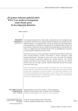 ¿El Primer Informe Policial Sobre ETA? Los Archivos Franquistas Como Fuente Para La Investigación Histórica