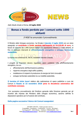 Bonus a Fondo Perduto Per I Comuni Sotto 1000 Abitanti