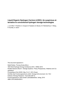 Liquid Organic Hydrogen Carriers (LOHC): an Auspicious Al- Ternative to Conventional Hydrogen Storage Technologies