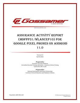 Assurance Activity Report (MDFPP31/WLANCEP10) for Google Pixel Phones on Android 11.0