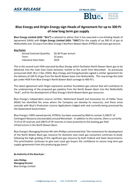 Blue Energy and Origin Energy Sign Heads of Agreement for up to 300 PJ of New Long Term Gas Supply