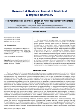 Tea Polyphenolics and Their Effect on Neurodegenerative Disorders-A