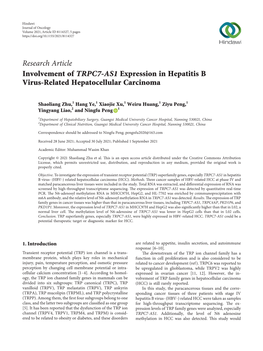 Research Article Involvement of TRPC7-AS1 Expression in Hepatitis B Virus-Related Hepatocellular Carcinoma