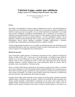 Valericio Leppe, Cantor Por Sabiduría Prólogo “Greda Viva”, Ediciones Hijos Del Maule, Talca, 2002