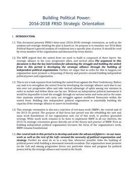 Building Political Power: 2016-2018 FRSO Strategic Orientation