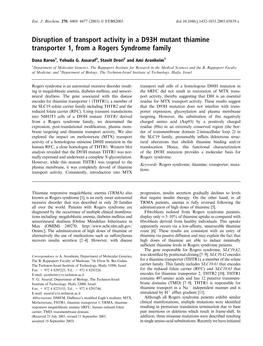 Disruption of Transport Activity in a D93H Mutant Thiamine Transporter 1, from a Rogers Syndrome Family