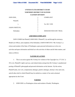 UNITED STATES DISTRICT COURT NORTHERN DISTRICT of ILLINOIS EASTERN DIVISION JOHN DOE, ) COMPLAINT ) Plaintiff, ) ) V